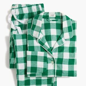 J. Crew Women's Flannel Pajama PJ Set in Deep Emerald Green Ivory